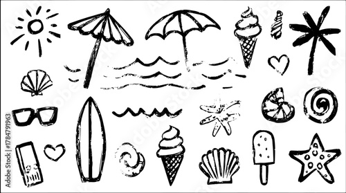 Summer beach theme with ice cream, sun, palm, and shells. Simple vector illustrations in black and white set.