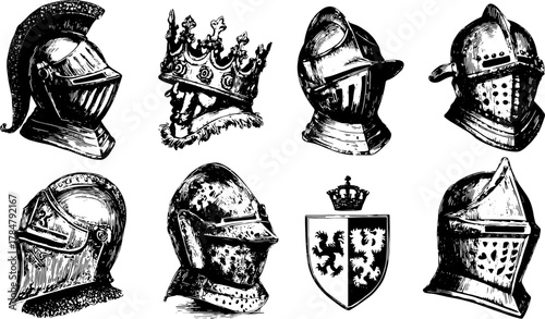 Vintage knight helmets and crown in black and white. Detailed vector illustration set showcasing classic armor designs and symbols.
