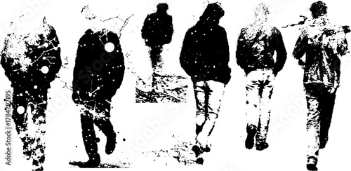 Silhouettes of people walking in monochrome. The dynamic design features abstract figures in a vector illustration.