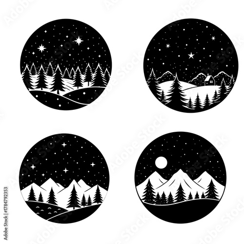 Four circular black and white winter night scenes isolated on white background