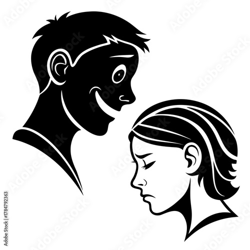 Boy with happy expression looks down at sad girl