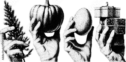 Hands holding a set of various objects: pumpkin, egg, branch, and gift. This vintage vector illustration features a stipple drawing technique.