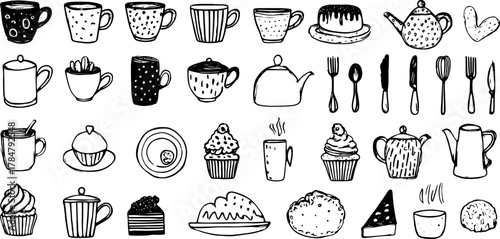Hand-drawn cups, teapots, and desserts. Simple black and white vector illustration set of food items, including cakes and cupcakes.