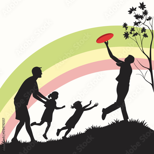 Family playing frisbee in a park with a rainbow and tree