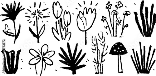 Floral set illustration featuring diverse plants and flowers. Black and white vector graphics with simple designs suitable for various applications.