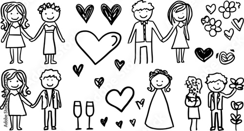 Hand-drawn silhouette illustrations of couples in love. Features hearts and flowers in a black outline vector illustration set.