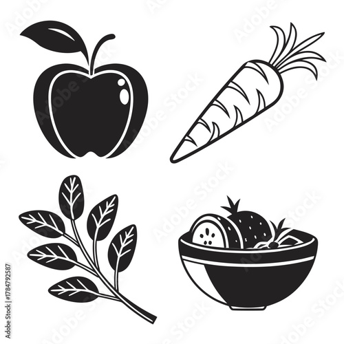 Collection of fresh fruits vegetables and greens icons in black and white