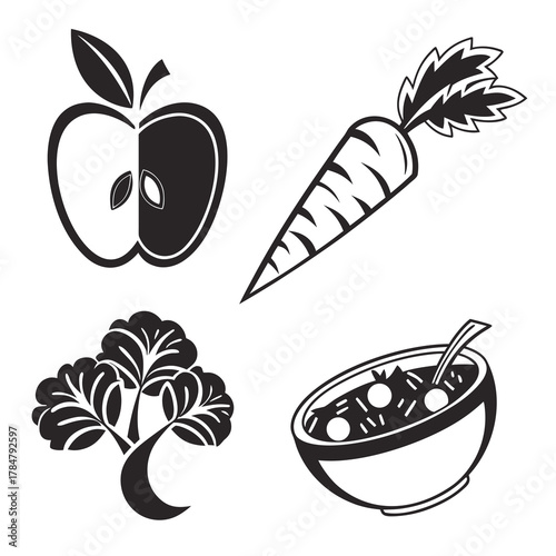 Set of stylized food icons including apple carrot tree and soup