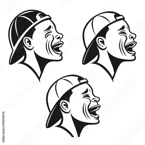 Three black and white stylized profiles of a person laughing hard