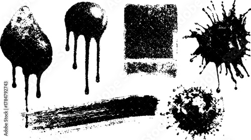 Black ink spots with varying textures. Vintage vector illustration featuring splashes and droplets in a creative set for artistic designs.