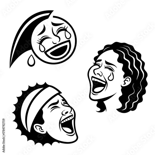 Three diverse faces laughing so hard they cry in a graphic style