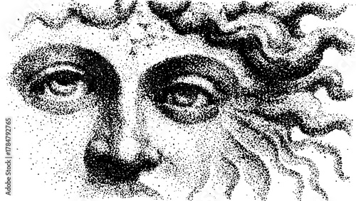 Face and hair details in black and white style. Vector illustration with a fine texture, presenting a classic and well-defined portrait set.