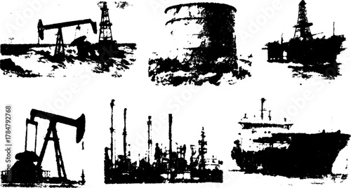 Oil industry drawings showcasing machinery and equipment, including oil rigs, tanks, and tankers. Vintage vector illustration set reflects historical techniques.