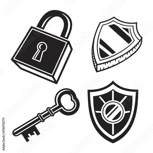 Collection of security icons including a padlock key and two shields