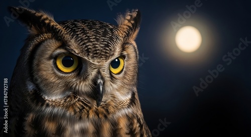 A closeup of a great horned owls face at night with a moon in the background