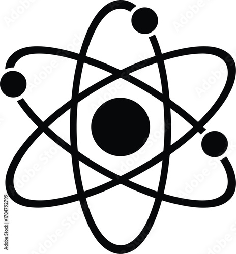 Black and white atom illustration displaying electrons orbiting the nucleus