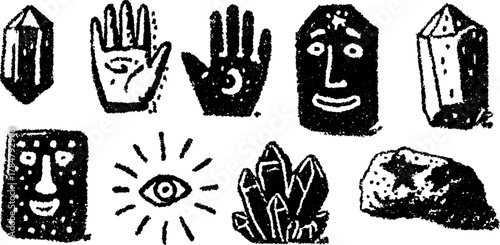 Hand-drawn silhouette illustrations featuring crystals, faces, and hands. This unique vector set combines various graphic elements in an abstract style.