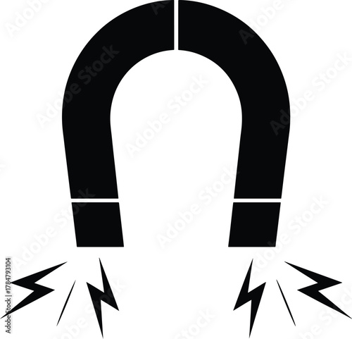 Black and white horseshoe magnet with magnetic force depiction illustration