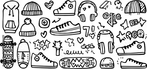 Trendy vector illustration featuring a set of cool sneakers, hats, and headphones in a doodle style.