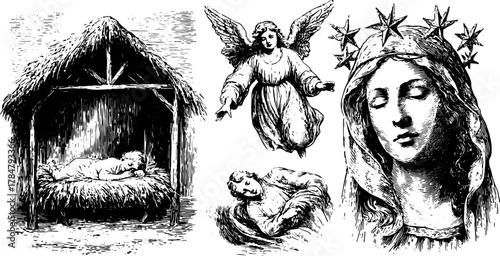 Nativity scene with a sleeping baby in a shelter. Angelic figures represent faith in this vintage black and white vector illustration.