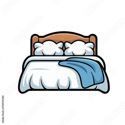 Cartoon bed illustration bedroom furniture cozy blanket pillows sweet dreams sleep rest relaxation home sticker and clipart style for kids and projects