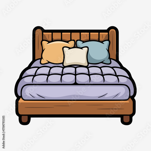 Cartoon bed illustration bedroom furniture cozy blanket pillows sweet dreams sleep rest relaxation home sticker and clipart style for kids and projects