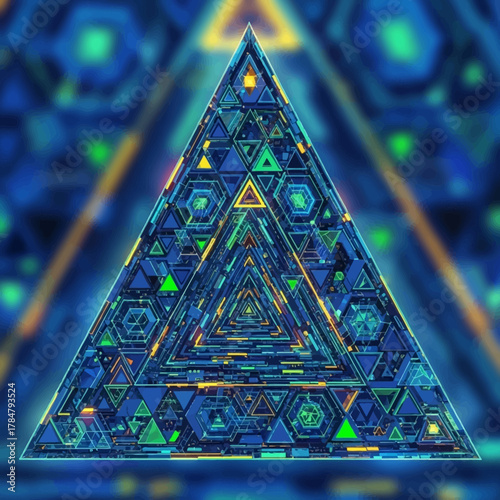 Immerse yourself in a dazzling digital pyramid, a vibrant portal to futuristic technology and infinite data streams, inspiring innovation and visionary concepts.