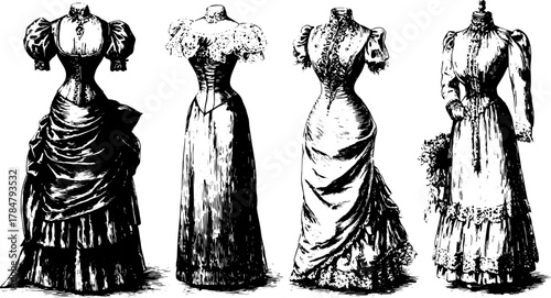 Vintage dress illustrations showcasing elegant designs and intricate details in a set. This black and white vector illustration captures classic fashion styles.