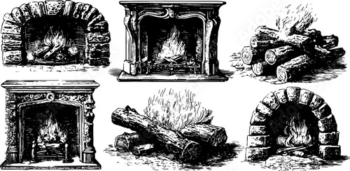 Vintage fireplace set illustrations with burning logs. Hand-drawn vector images highlight traditional craftsmanship in elegant detail.