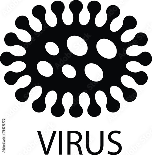 Black virus illustration depicting microscopic pathogenic infectious agent with text