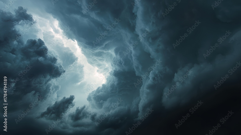 Obraz premium Dramatic Storm Clouds Gathering in a Dark Sky, Featuring Swirling Patterns and Light Breaking Through for a Breathtaking Nature Scene