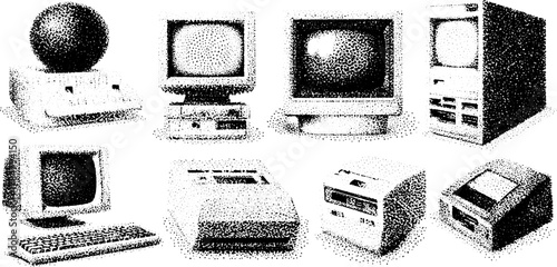 Vintage computer set illustrated in an engraving style. The black outline drawing showcases various electronic devices in a historical context. Vector illustration.