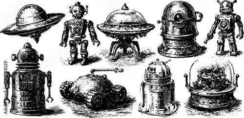 Vintage robot and spacecraft designs in an engraved style. This vector illustration features intricate outlines in a classic set.