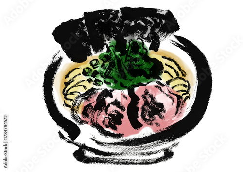 家系ラーメンの和風の筆書きイラスト