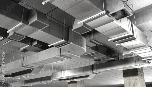 HVAC engineering system with air ducts and ventilation channels installed on the ceiling. Industrial air distribution and climate control infrastructure.