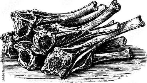 Antique engraving of bones with detailed outlines. Vintage black and white illustration set depicting anatomical features. Vector illustration.