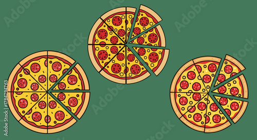 Three pepperoni pizzas with slices missing on a dark green background illustration