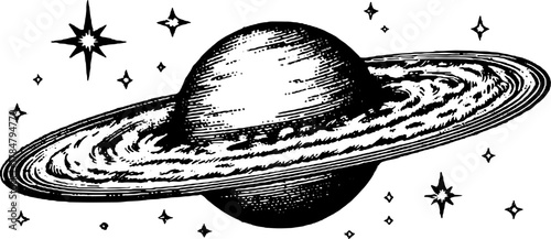 Vintage engraving of Saturn in space. Detailed line drawing with stars, featured as a vector illustration set in a celestial scene.