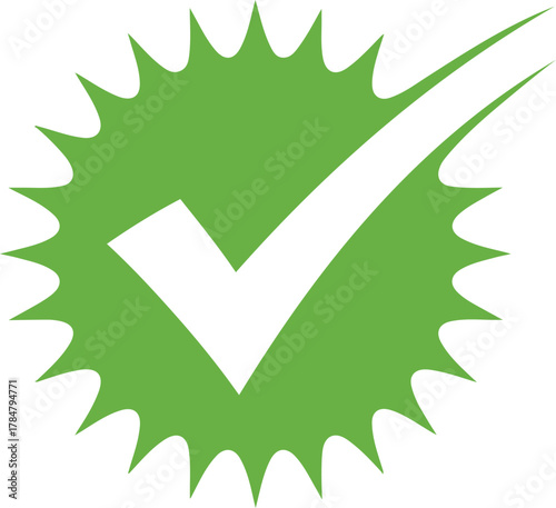 Green Check Mark with Starburst Edges Illustrating Validation and Approval