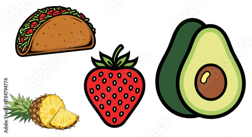 Colorful and vibrant illustration of a taco avocado strawberry and pineapple