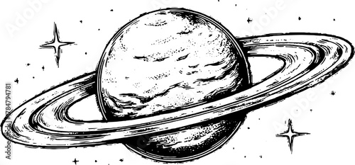 Engraving of Saturn planet in vintage style. Detailed line drawing in black and white, featuring stars. Vector illustration.