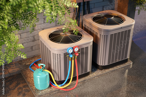HVAC maintenance with refrigerant gauges and gas cylinder connected to outdoor air conditioning units. Professional servicing for cooling efficiency and system performance.