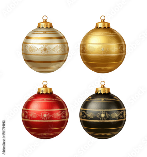 Four Elegant Christmas Baubles in Gold Red Black and Cream