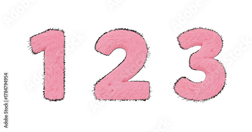 Fuzzy Pink Numbers One Two Three Isolated on Transparent Background
