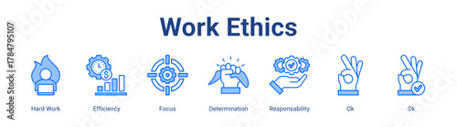 Work Ethics web icon vector illustration concept with icon of Hard Work, Efficiency, Focus, Determination, Responsability, Ok, Ok
