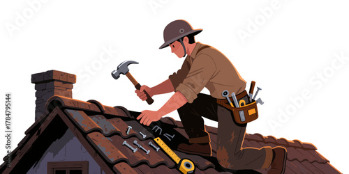 Roof Repair Worker Hammering Shingles with Tools Belt