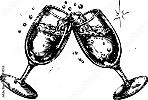 Glasses clinking in celebration. Vintage outline vector illustration depicting beverages with a splash and bubbles.