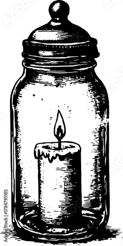 Vintage candle in a jar, outlined in black and white. A simple vector illustration showcasing lighting in a classic design set.