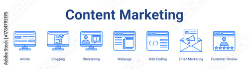 Content Marketing web icon vector illustration concept with icon of Article, Blogging, Storytelling, Webpage, Web Coding, Email Marketing, Customer Review