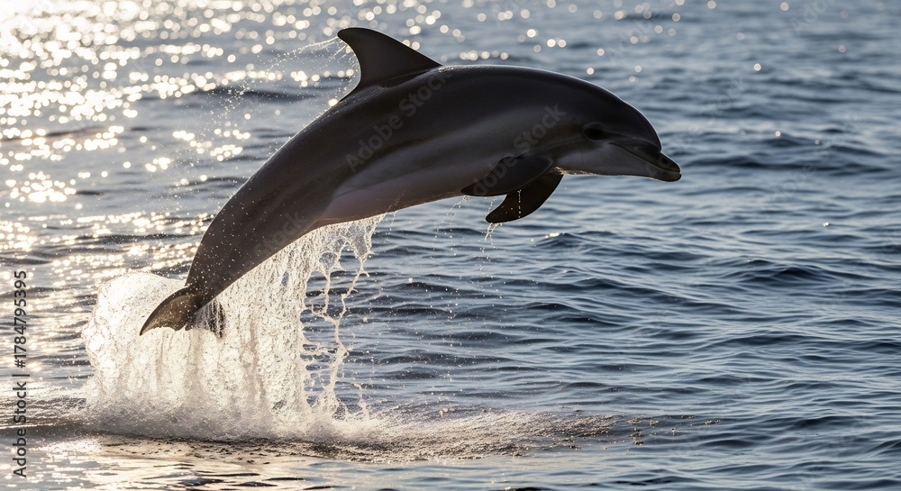 Fototapeta premium A dolphin leaps from the water at sunset